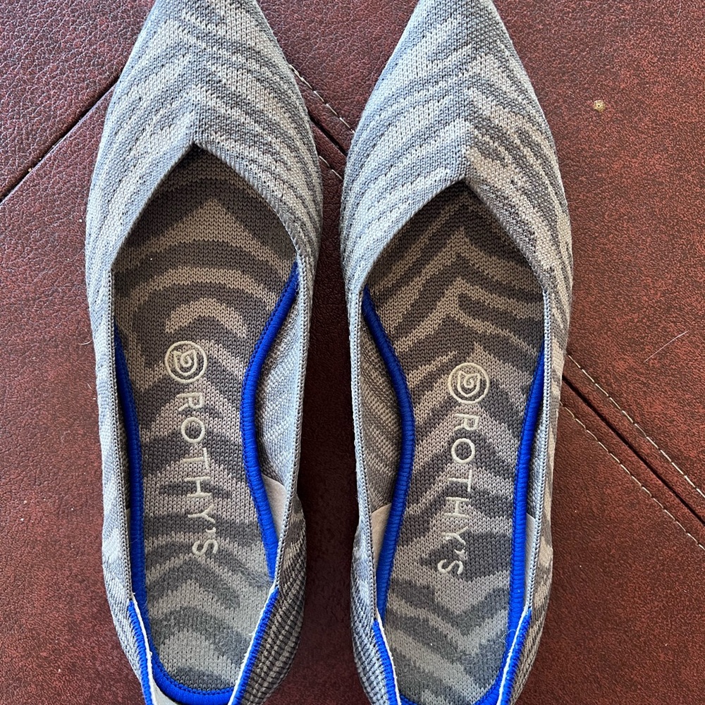 Rothy's Zebra Pattern Gray Flats with Blue Trim